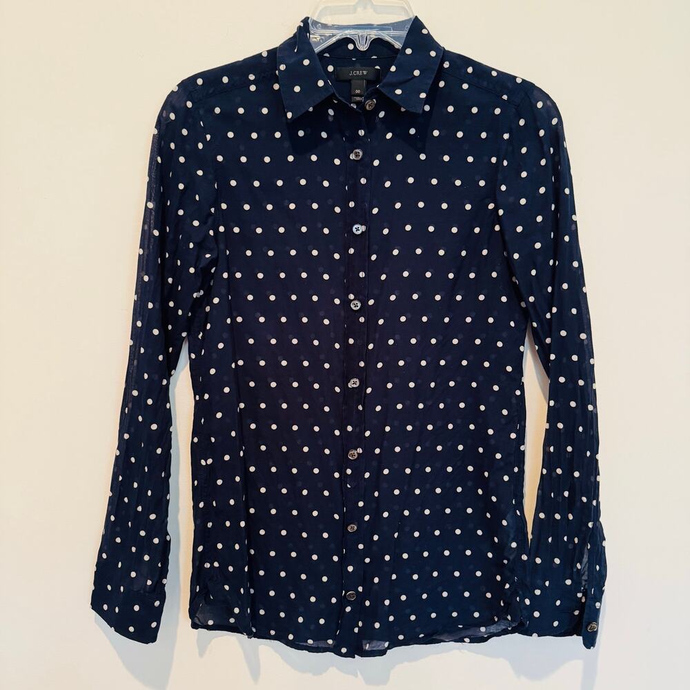 J.Crew Women Polka Dot Cotton Silk Navy Blue White Festive Button Up Shirt Sz 00 - Picture 2 of 9